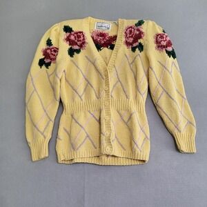 VTG Hand Knitted Floral Print Sweater Cardigan Women's L Cottage Granny Core